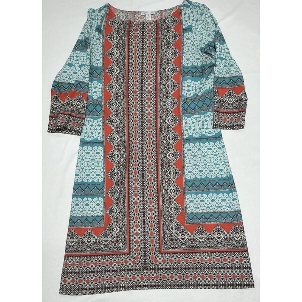 London Times Midi Shift Dress Womens 12 Blue Orange Boho Geometric‎